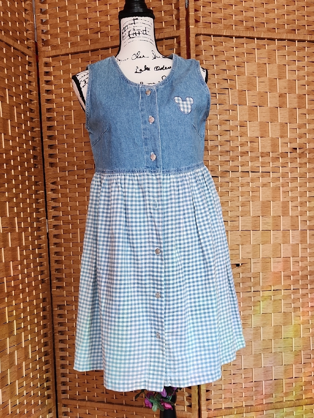 Disney Vintage Womens Jean Flare Mickey Button Down, Baby Doll Dress Sz S